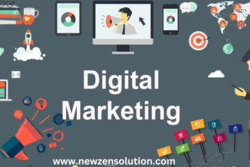 Digital marketing concept with various icons like SEO, social media, email, and analytics on a futuristic digital interface.