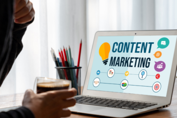 "Content marketing strategy with SEO, blog posts, social media, and engagement tools"