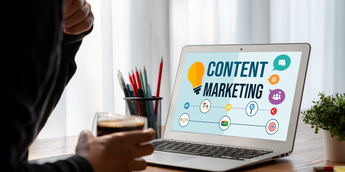 "Content marketing strategy with SEO, blog posts, social media, and engagement tools"