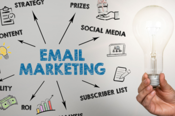 "Email marketing strategy showing a laptop, email icons, and growth analytics"