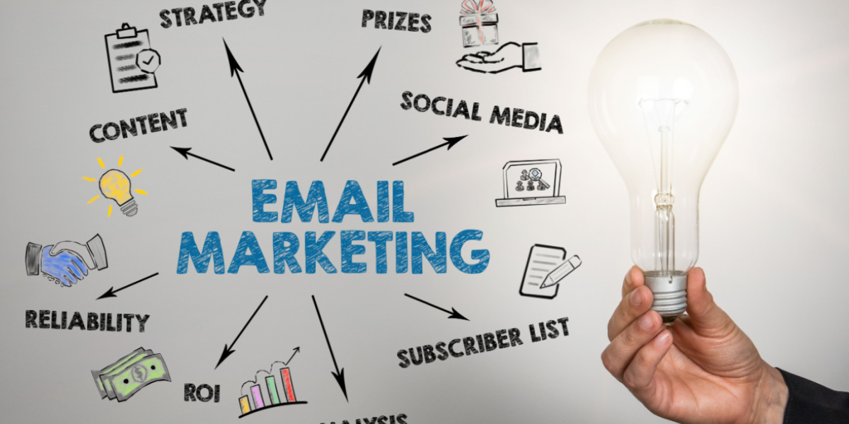 "Email marketing strategy showing a laptop, email icons, and growth analytics"