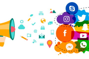 "Social media marketing strategy illustration with charts and icons on a computer screen."