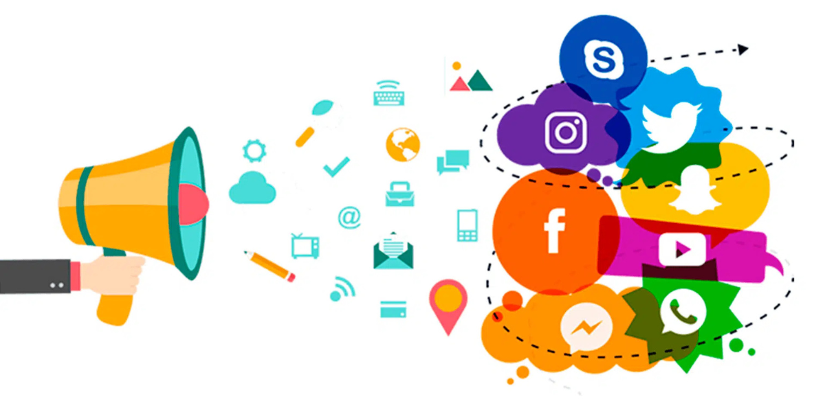 "Social media marketing strategy illustration with charts and icons on a computer screen."